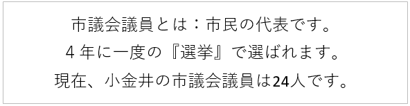 市議会議員とは、市民の代表です。4年に一度の『選挙』で選ばれます。現在、小金井の市議会議員は24人です。