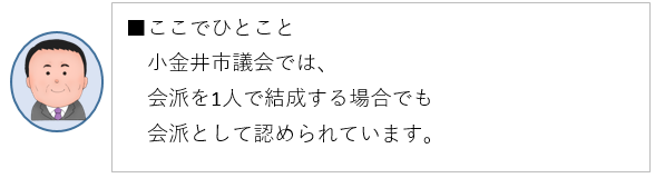 ここでひとこと、小金井市議会では、会派を1人で結成する場合でも会派として認められています。