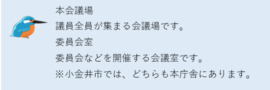 本会議場は議員全員が集まる会議場です。委員会室は委員会などを開催する会議室です。注記：小金井市では、どちらも本庁舎にあります。